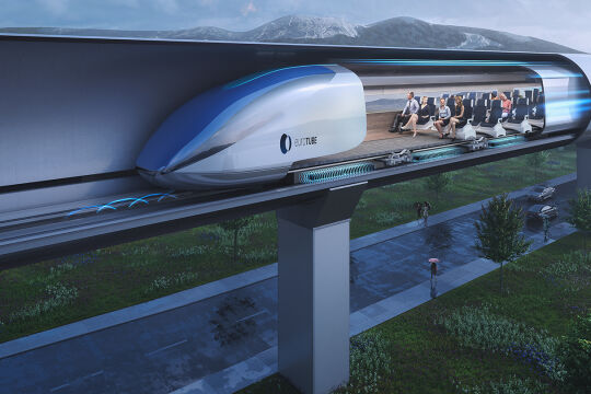 Hyperloop ist Reisen im Vakuum - Der Luftwiderstand bremst Hochgeschwindigkeitszüge und kostet viel Energie. Die Hyperloop- Technologie gleicht dieses Manko durch Vakuumröhren aus.<br />
  - © Visualisierung: Eurotube