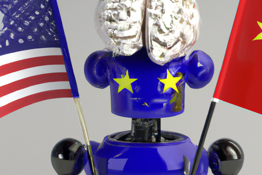 Künstliche Intelligenz KI USA Europa China - © Bild: Edda Holweg / KI dall-e / Prompt: a robot with a brain as a head holding the flag of the EU, the flag of the USA and the flag of China