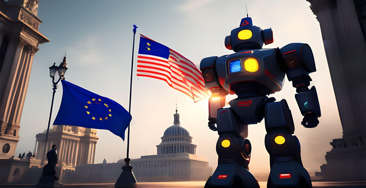 Roboter Künstliche Intelligenz KI - © Bild: Edda Holweg / KI dall-e / Prompt: robot holding the flag of the EU, the flag of the USA and the chinese flag in his hands, with a parlament building in the background