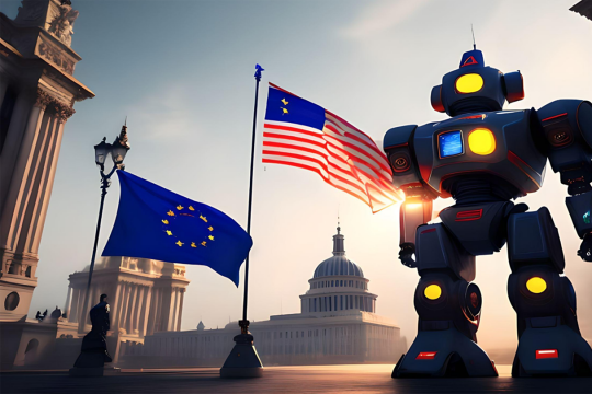 Roboter Künstliche Intelligenz KI - © Bild: Edda Holweg / KI dall-e / Prompt: robot holding the flag of the EU, the flag of the USA and the chinese flag in his hands, with a parlament building in the background