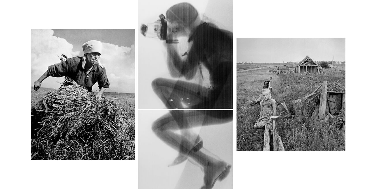 Foto Wien - © Foto:Bild oben: „Woman gathering a bundle of hay on a collective farm“, Ukraine, UdSSR, 1947; unten: „Girl sitting on wooden fence on a collective farm“, Ukraine, UdSSR, 1947.