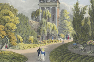 Joseph und Eduard Gurk, Aussichtsturm im Rosenbaumʼschen Garten, kolorierter Kupferstich, 1824 - © Foto: © Österreichische Nationalbibliothek