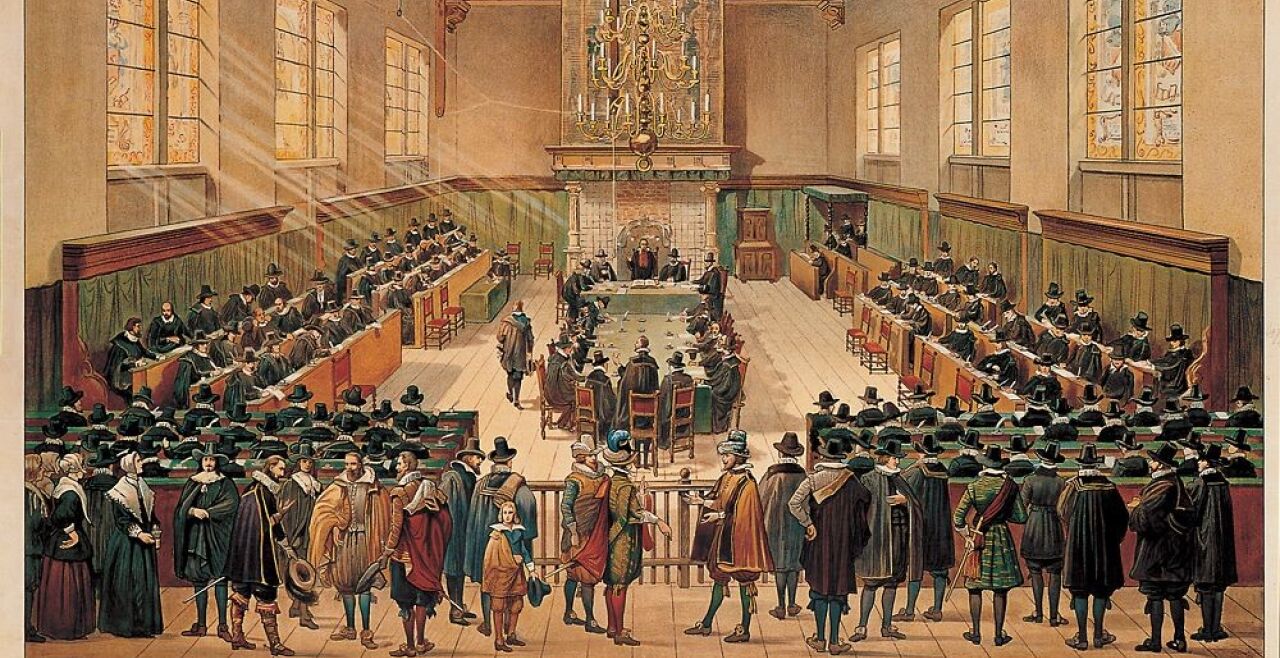 Eene_vergadering_van_de_Nationale_Synode_te_Dordrecht_1619 - © Wikimedia  -   Illustration: Reformierte Dordrechter Synode in den Niederlanden 1619