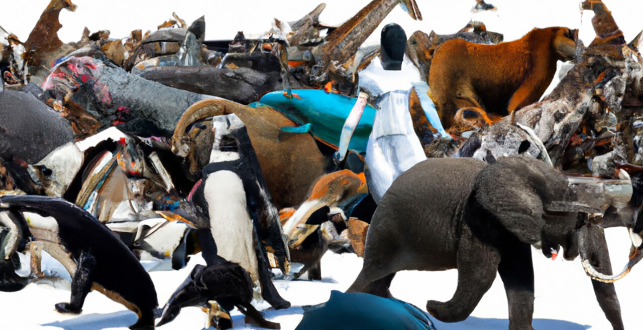 Schöpfung, Tiere, Roboter - © Bild: Rainer Messerklinger / DALL·E / Prompt: HD Photo of a lone human figure engulfed by various animals like penguins, tigers, horses, Dolphins Ostriches octopus Elephants dogs cats.