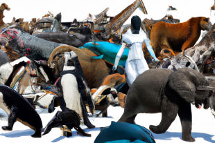 Schöpfung, Tiere, Roboter - © Bild: Rainer Messerklinger / DALL·E / Prompt: HD Photo of a lone human figure engulfed by various animals like penguins, tigers, horses, Dolphins Ostriches octopus Elephants dogs cats.