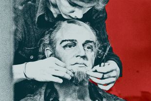 Lenin  - Der britische Schauspieler Frank Windsor (1928–2020)&nbsp;in der Maske für ­seine Rolle&nbsp;<br />
in Tom Stoppards Stück&nbsp;„Travesties“, aufgeführt&nbsp;von der Royal ­Shakespeare&nbsp;<br />
Company am Aldwych ­Theatre in London im&nbsp;<br />
Mai 1974. - © Bild: Bild: Getty Images / Hulton Archive / Express/ John Downing (Bildbearbeitung: Rainer Messerklinger)