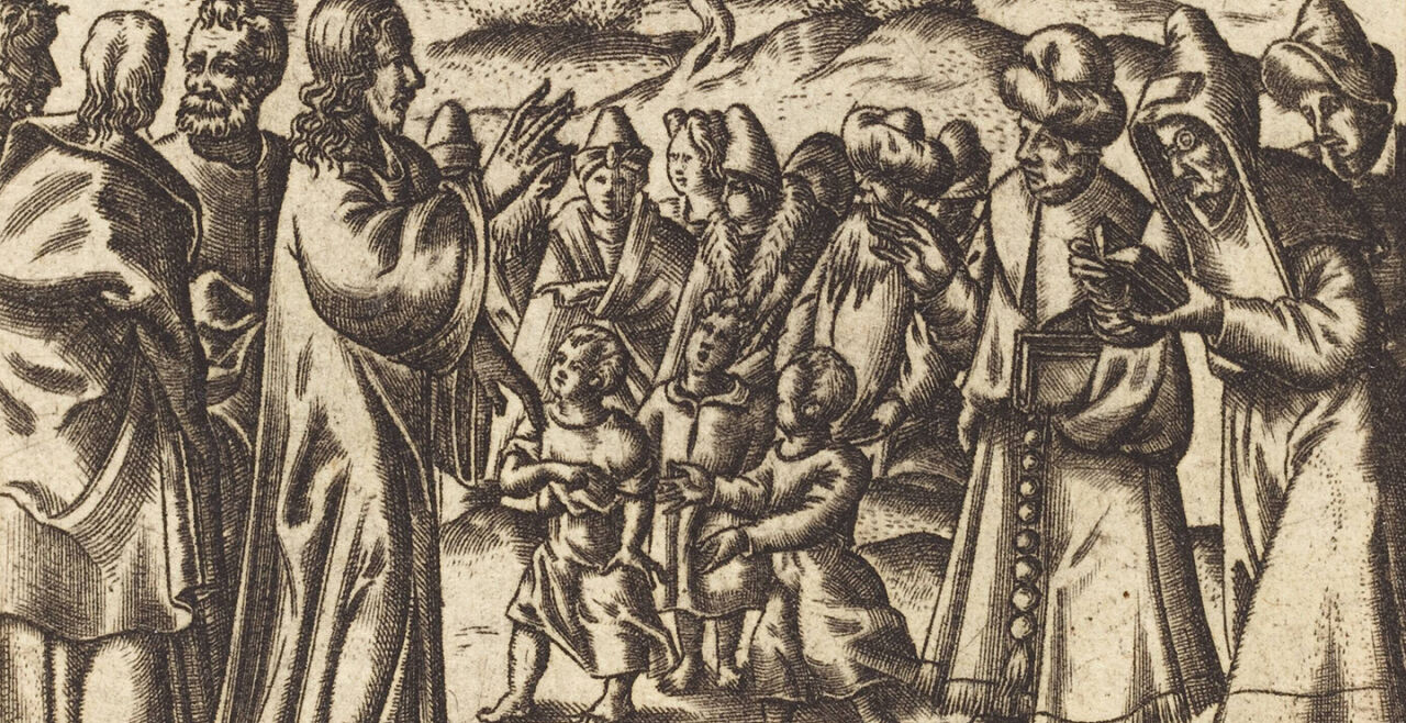 jesus und Pharisäer - © IMAGO / Heritage Images (Bildbearbeitung: Rainer Messerklinger)  - Jesus und  die Pharisäer, Kupferstich von Léonard Gaultier zu Mat­thäus 15 (1576/80) 