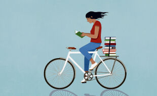 Abgelenkter Teenager auf einem Fahrrad - Die Illustration zeigt ein Mädchen mit schwarzen Haaren auf einem Fahrrad. Sie ließt ein Buch. Auch auf dem Gepäckträger ist ein Stapel Bücher.&nbsp; - © Getty Images / Malte Mueller