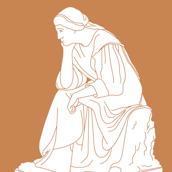 Was tun? - Illustration: Person sitzt nachdenklich mit gebeugtem Kopf auf einem Steinblock, trägt langes Gewand und Kopftuch, Figur weiß auf orangenem Hintergrund - © Illustration: Messerklinger