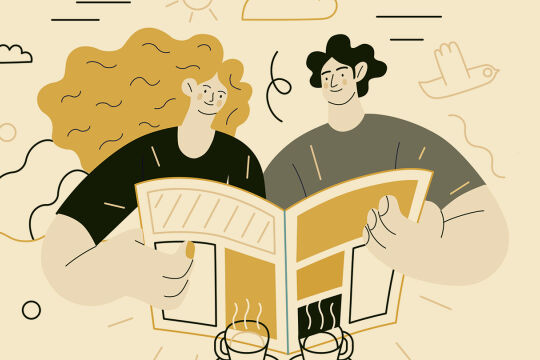 Gesunder Nachrichtenkonsum - Illustration zeigt zwei Personen, eine mit langen lockigen Haaren, die zusammen eine Zeitung lesen, umgeben von einfachen Wolken- und Vogelzeichnungen - © iStock/grivina (Bildbearbeitung: Rainer Messerklinger)