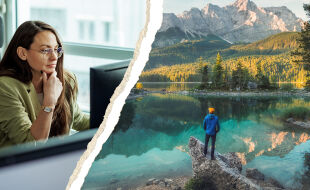 Work Life Balance Arbeit Freizeit - Person sitzt am Schreibtisch vor Computer, daneben Landschaft mit Bergsee und Person in blauer Jacke auf Felsen. - © Collage: Rainer Messerklinger / iStock/mixetto, iStock/thomas-bethge und iStock/Smileus