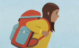 Schuldruck, Leistungsdruck - Die Illustration zeigt eine Schülerin mit braunen Haaren und gelben Pullover, die einen schweren Schulrucksack schlepp und dabei verzweifelt ausschaut. 
