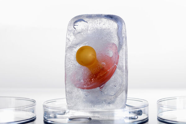 Ein tiefgefrorener Schnuller symbolisiert das Social Egg Freezing - Das Bild zeit einen pinkten Schuller, der in einem Eiswürfe eingefroren ist und in einer Petrischale liegt. - © Getty Images / Andrew Brookes