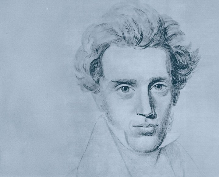 Søren Kierkegaard, Philosoph und Theologe (1813-1855) - Die Zeichnung eines jungem Mannes mit welliger Frisur auf blauem Hintergrund - © Bild Getty Images / Universal Images Group / Universal History Archive