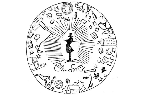 Søren Kierkegaard, in einer Karikatur in der Satirezeitschrift Corsaren - Die Zeichnung zeigt einen Mann mit Hut und Gehstock und gebeugtem Rücken, umkreist von Zeichnungen von Sonne, Kirchen, Sternen und vielem weiteren - © Bild: Wikipedia