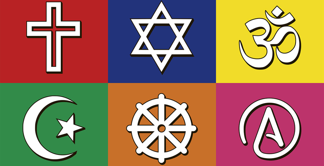 Religionen Illustration - Die Illustration zeigt Symbole der Weltreligionen. Von links nach rechts: Kreuz, Davidsstern, Hindu-Zeichen, Halbmond, Buddhistischer Kreis und ein Zeichen für Atheisten.   - © Illustration: Rainer Messerklinger