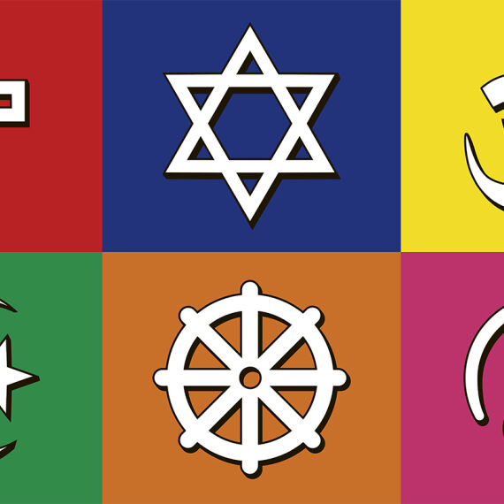 Religionen Illustration - Die Illustration zeigt Symbole der Weltreligionen. Von links nach rechts: Kreuz, Davidsstern, Hindu-Zeichen, Halbmond, Buddhistischer Kreis und ein Zeichen für Atheisten.   - © Illustration: Rainer Messerklinger