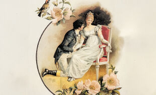 Romantische Liebe - Die historische Zeichnung zeigt ein junges verliebtes Paar aus dem 18. Jahrhundert umringt von Blumen.  - © iStock/clu (Bildbearbeitung: Rainer Messerklinger)