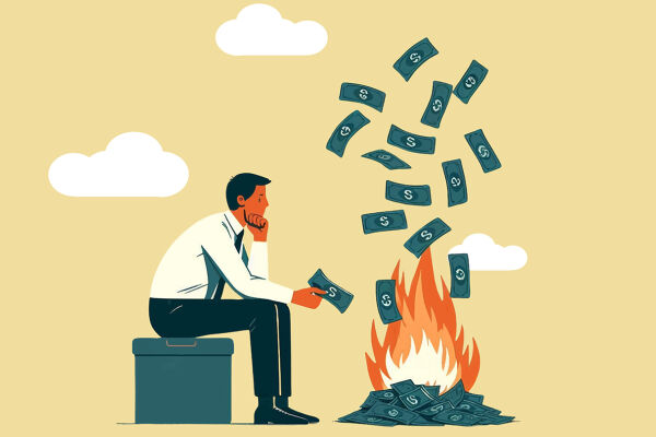 Geld verbrennen - Die Illustration zeigt einen jungen Mann, der auf einer Box sitzt, und Geld in einem Lagerfeuer verbrennt.  - © Adobe Stock / Alya Hasna Fatimah