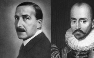 Stefan Zweig Michel de Montaigne - Schwarz-weiße Porträtfotografie von Stefan Zweig im Anzug und Porträt von Michel de Montaigne in historischer Kleidung mit Rüschenkragen - © IMAGO / Bridgeman Images (Zweig) | AdobeStock / Georgios Kollida (Montaigne)