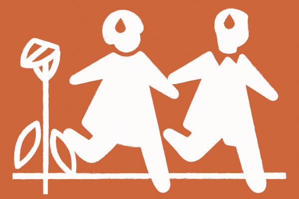 SOS Kinderdorf Logo Montage - Das Logo in orange ist inspiriert von dem SOS-Kinderdorf-Logo mit zwei Kindern und einer Blume, nur dass die Kinder hier vor der Blume weglaufen. - © Illustration: Rainer Messerklinger