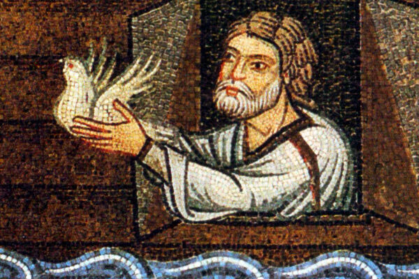 Noah Friedenstaube Arche  - Mosaik zeigt eine Person mit lockigem Haar in weißem Gewand, die eine weiße Taube aus einem Fenster heraus hält, unter dem Wellenmuster zu sehen sind. - © Foto: IMAGO / AGB Photo