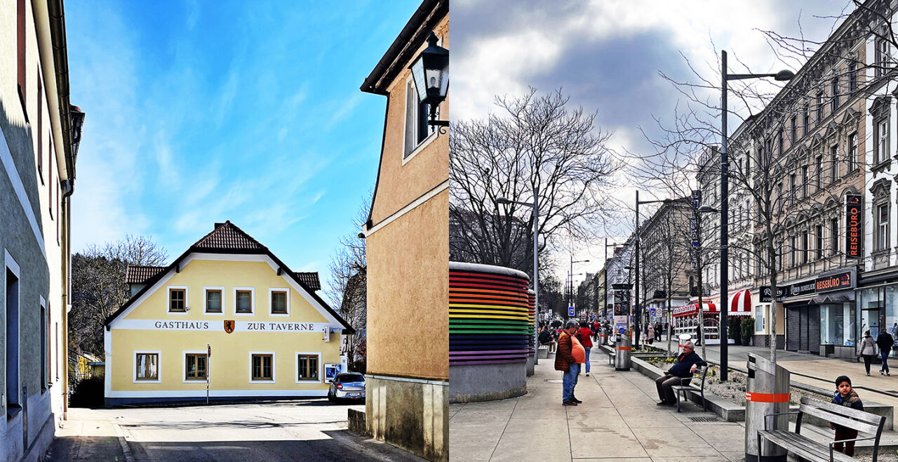 Stadt-Land-Reportage - Die Collage aus zwei Fotos zeigt den Ortskern der Gemeinde Michelbach mit Häusern und ohne Menschen neben dem belebteren Reumannplatz in Wien-Favoriten. - © Magdalena Schwarz