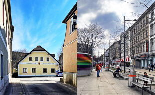 Stadt-Land-Reportage - Die Collage aus zwei Fotos zeigt den Ortskern der Gemeinde Michelbach mit Häusern und ohne Menschen neben dem belebteren Reumannplatz in Wien-Favoriten. - © Magdalena Schwarz