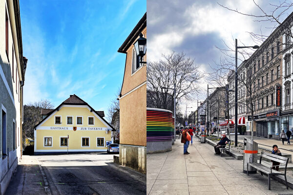 Stadt-Land-Reportage - Die Collage aus zwei Fotos zeigt den Ortskern der Gemeinde Michelbach mit Häusern und ohne Menschen neben dem belebteren Reumannplatz in Wien-Favoriten. - © Magdalena Schwarz