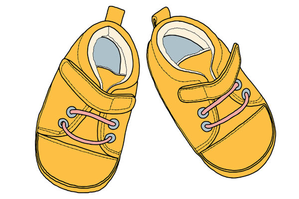 Babyschuhe - Die Illustration zeigt senfgelbe Babyschuhe von oben - © Illustration: Adobe Stock / br.illu