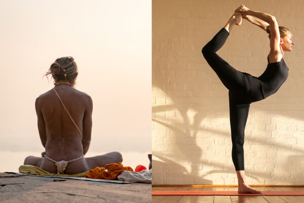 Yoga Indien  - Links sitzende Person mit nacktem Oberkörper und zusammengebundenem Haar von hinten, rechts stehende Frau in schwarzer Sportkleidung in einer Yoga-Pose vor heller Wand - © Foto: Adobe Stock / Igor Chus