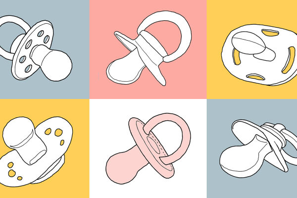 Schnuller Illustration - Sechs Illustrationen von Baby-Schnullern aus verschiedenen Perspektiven. Der Hintergrund ist abwechselnd grau, korallrosa, gelb und weiß. - © Illustration: Adobe Stock / br.illu