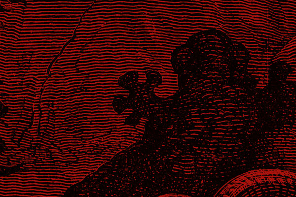 Illustration Booklet Seite 7 - Schwarz-rote Linienzeichnung eines Frosches auf einem Ast vor einem Hintergrund mit Wellenlinien. - © Illustration: iStock/duncan1890