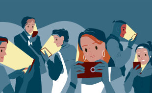 Smartphone Bubble Scrollen  - Illustration von sechs Menschen, die gebannt auf ihre Handys schauen. Die Frauen und Männer sind nur durch die Bildschirme ihrer Smartphones beleuchtet, der Rest des Bildes ist blau eingefärbt.  - © Illustration: iStock / Natalia Darmoroz