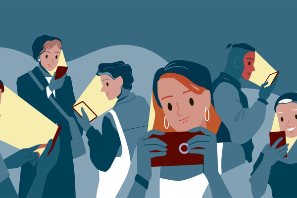 Smartphone Bubble Scrollen  - Illustration von sechs Menschen, die gebannt auf ihre Handys schauen. Die Frauen und Männer sind nur durch die Bildschirme ihrer Smartphones beleuchtet, der Rest des Bildes ist blau eingefärbt.  - © Illustration: iStock / Natalia Darmoroz