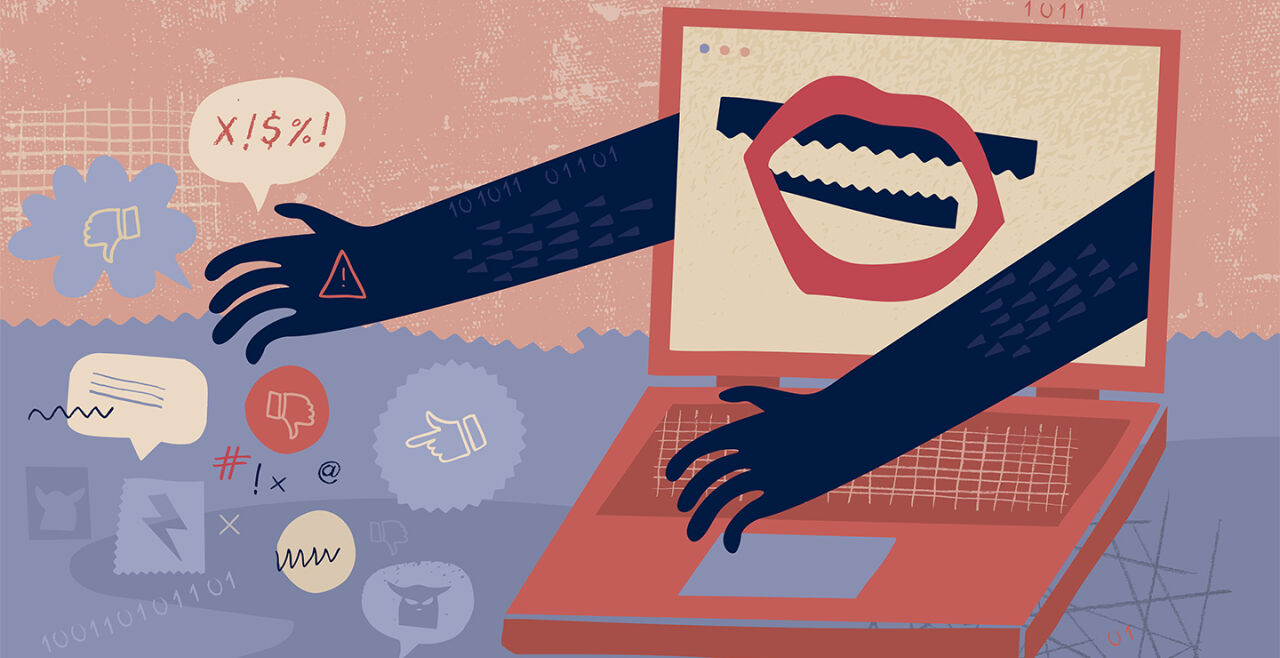 Online Gewalt Hass im Netz - Illustration eines Laptops, aus dem Arme hinausragen. In der Mitte des Bildschirms ist ein verzerrter Mund zu sehen. Rund um den Laptop sind Sprechblasen und Like-Symbol-Daumen zu sehen. - © Illustration: iStock/DrAfter123