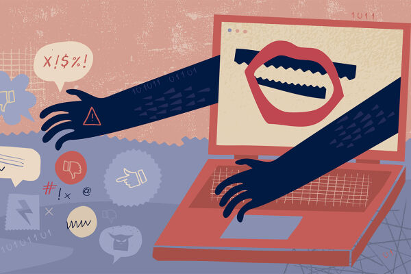 Online Gewalt Hass im Netz - Illustration eines Laptops, aus dem Arme hinausragen. In der Mitte des Bildschirms ist ein verzerrter Mund zu sehen. Rund um den Laptop sind Sprechblasen und Like-Symbol-Daumen zu sehen. - © Illustration: iStock/DrAfter123