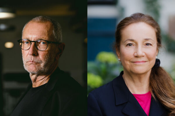 Philosophen Konrad Paul Liessmann und Michaela Masek  - Zwei Porträts nebeneinander, links ist Konrad Paul Liessmann mit Brille und schwarzem Hemd vor dunklem Hintergrund zu sehen, rechts Michaela Masek in pinkem Top und schwarzem Blazer vor abstrakt-grünem Hintergrund.  - © Rastegar / Cavadini