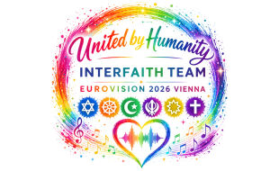 ESC Interfaith Team Logo - Das Logo des „Interfaith“-Teams beim ESC ist knallbunt. Es enthält die Symbole der sechs teilnehmenden Religionsgemeinschaften und das Motto „United by Humanity“. - © ESC Interfaith Team Logo