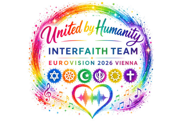 ESC Interfaith Team Logo - Das Logo des „Interfaith“-Teams beim ESC ist knallbunt. Es enthält die Symbole der sechs teilnehmenden Religionsgemeinschaften und das Motto „United by Humanity“. - © ESC Interfaith Team Logo