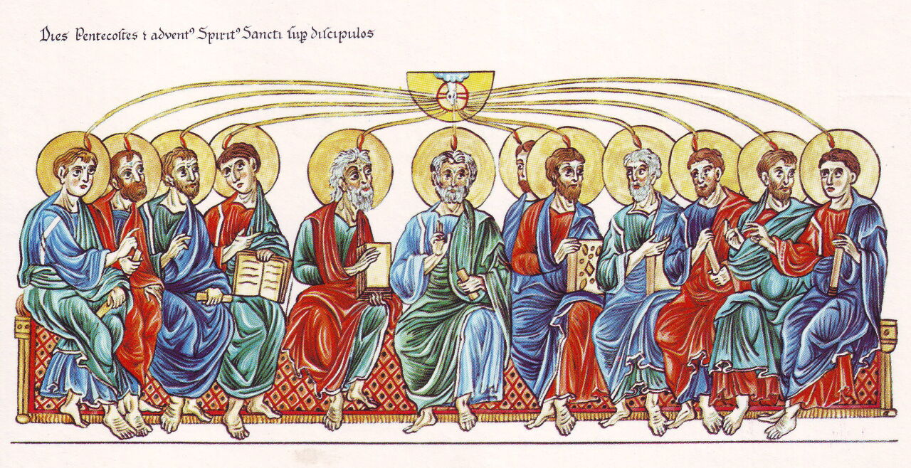 Hortus Deliciarum (ca. 1180), Pfingsten - © commons.wikimedia.org - Hortus Deliciarum (ca. 1180), Pfingsten: Die Aussendung des Heiligen Geistes auf die Apostel