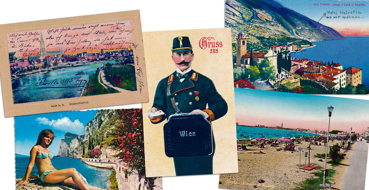 Karten - Gruß aus Wien, um 1910; Postkarte aus Caorle, 1960; beschriebene Karte aus Ulm, 1909; Gardasee, 1965; Torbole am Gardasee, 1925. - © Fotos: Archiv Holze