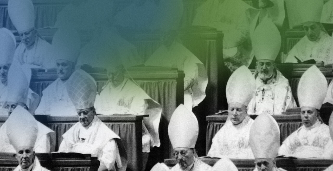 Bischöfe - © APA/AFP (Collage: Rainer Messerklinger)  -  Bischöfe beim Abschluss der ersten Session des II. Vatikanums (Petersdom, 8.12.1962)