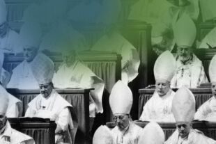 Bischöfe - © APA/AFP (Collage: Rainer Messerklinger)  -  Bischöfe beim Abschluss der ersten Session des II. Vatikanums (Petersdom, 8.12.1962)